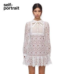 NWT Self Portrait Guipure Lace Bib Detail bow white Mini Dress size uk8/us4